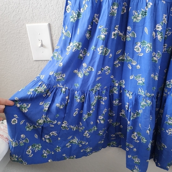 J. Crew Blue Floral Puff Sleeve Tiered Midi Dress Boho Peasant Flowy Beachy L - Picture 9 of 13